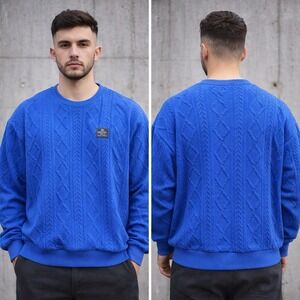 YOZY Royal Blue Cable Knit Textured Crewneck Sweatshirt Mens XL Oversized Fit